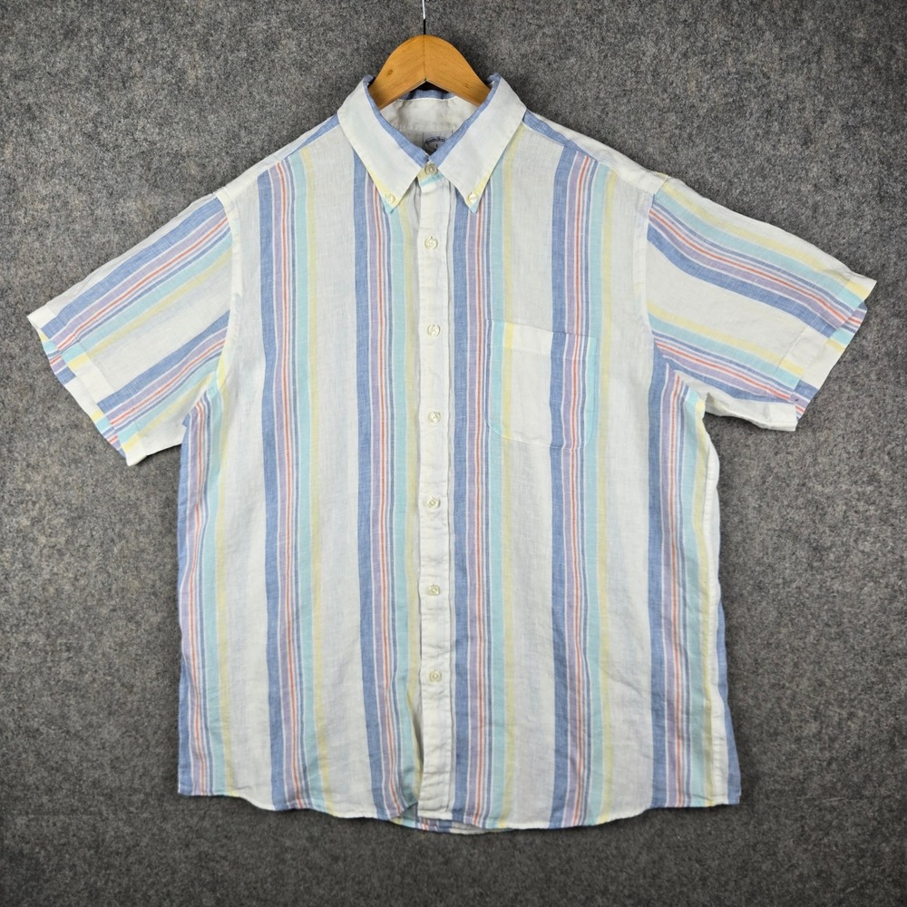 Brooks Brothers Shirt Mens Large White Multi Color Stripe Linen Button Down